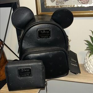 Loungefly Black Mickey Ears Mini Backpack with Matching Wallet